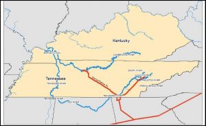 A recent Vanderbilt University study concluded that Tennessee cities served by barged petroleum fared better during the recent Colonial Pipeline shutdown than other portions of the Southeast that normally receive most of their oil via the pipeline. The blue lines show portions of the Tennessee and Cumberland rivers in the study area. The Colonial Pipeline is in red. (Graphic courtesy of Vanderbilt University)