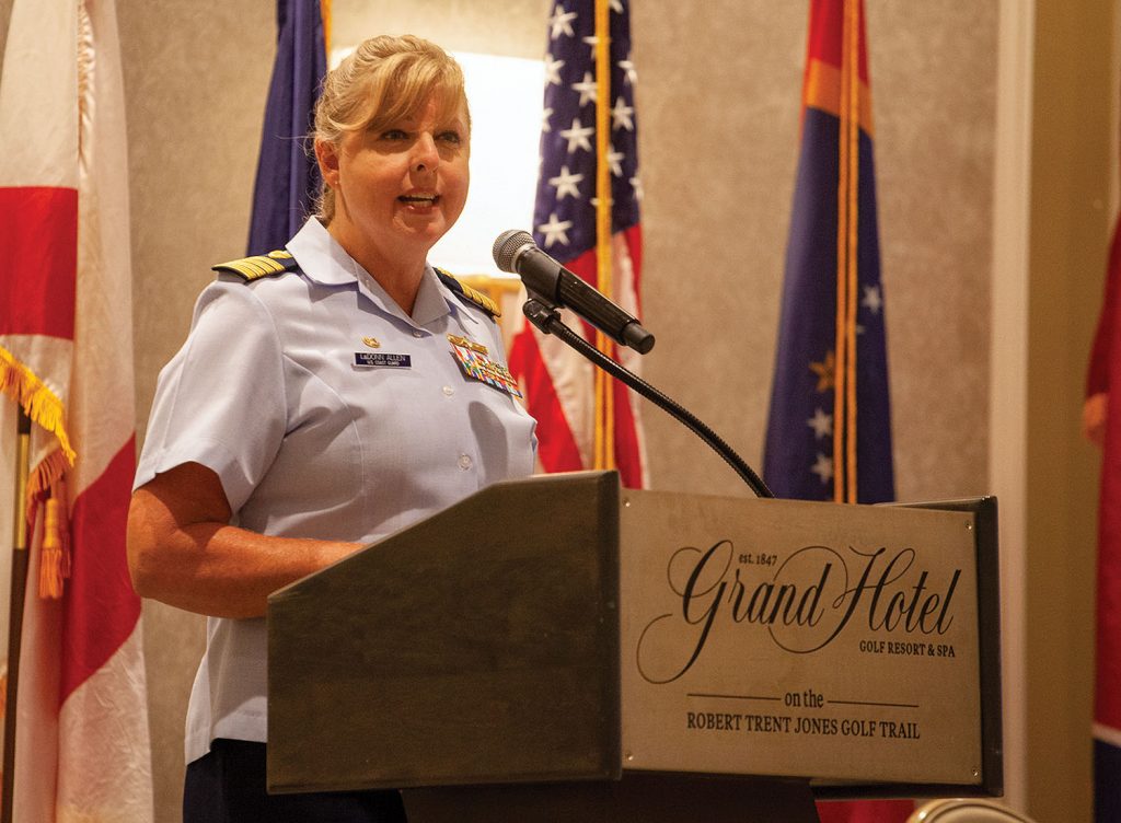 Capt. LaDonn Allen, commander of Coast Guard Sector Mobile, speaks at the Tennessee-Tombigbee Waterway Conference. (Photo by Frank McCormack)