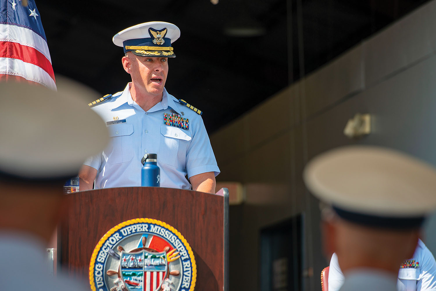 Sector Upper Miss commander Richard Scott speaks during ceremony. (U.S. Coast Guard photo by Petty Officer 3rd Class Sydney Phoenix)