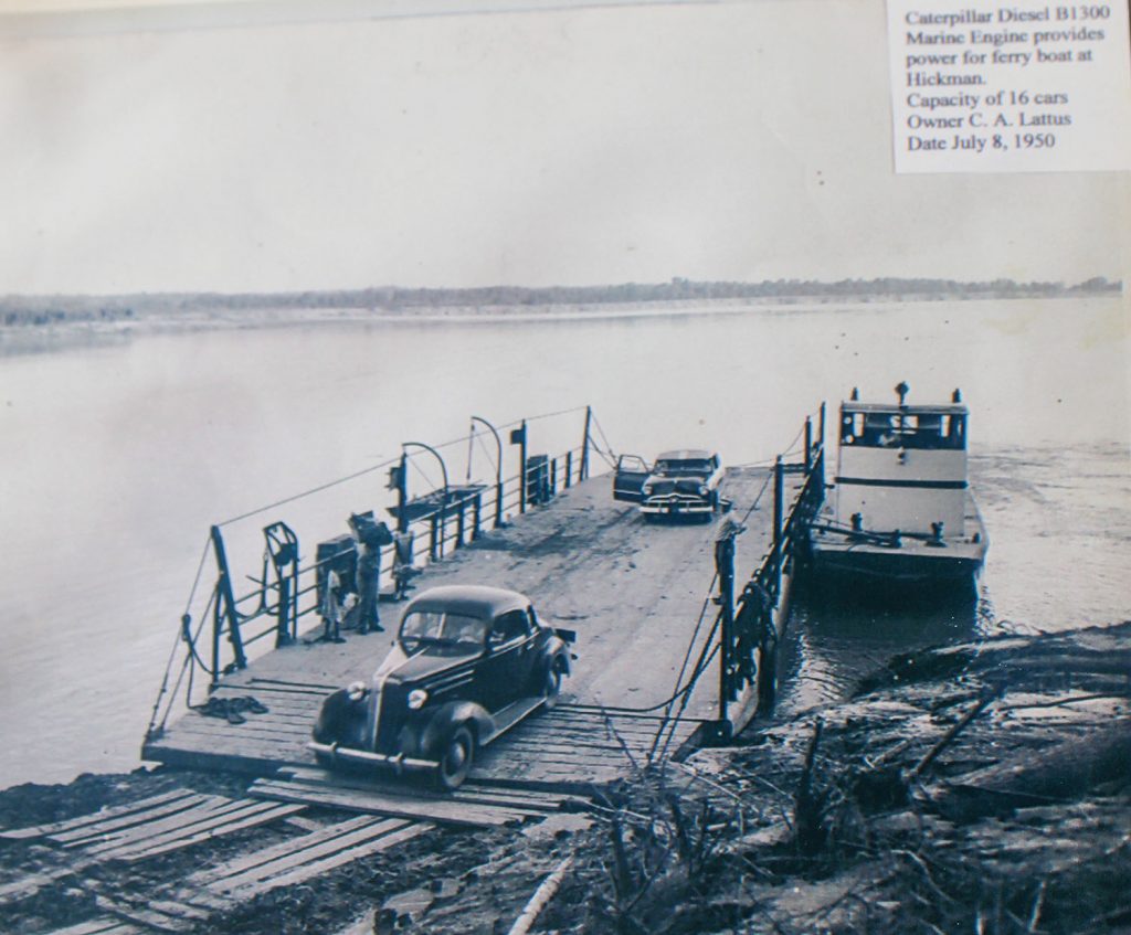 A car unloads from the ferry July 8, 1950. Information on the photo indicates at that time the ferryboat had a Caterpillar Diesel B1300 marine engine providing power for the ferry, with a capacity of 16 cars. (Photo courtesy of Mississippi County Port Authority)