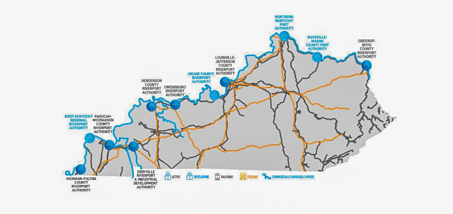 A graphic shows the location of Kentucky’s 11 public riverports. The Kentucky Riverports, Highway and Freight Rail Study has included three summits focused on the riverports to improve communication with state economic development officials and provide better understanding of the ports’ resources as well as to develop an investment strategy. (graphic courtesy of the Kentucky Transportation Cabinet)