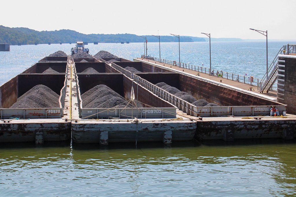 The mv. Marguerite Terral of Terral River Services of Biloxi, Miss., waits to lock through the existing chamber at Kentucky Lock. The typical delay for vessels waiting to lock through has grown to about 12 to 13 hours this year, according to the Corps of Engineers. The addition of the new lock is forecast to eliminate delays. (Photo by Shelley Byrne)