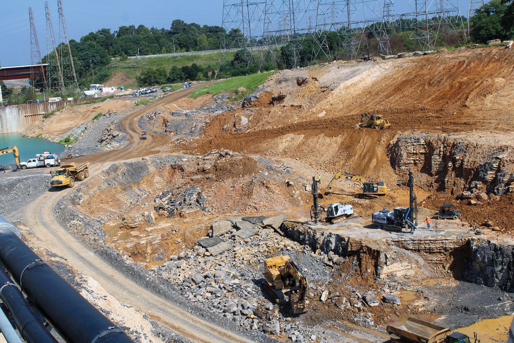 Excavation of an additional lock chamber at Kentucky Lock, Tennessee River Mile 22.4, is half complete. Excavation is expected to be complete in mid-2022. The entire project is estimated to be completed in 2029. (Photo by Shelley Byrne)