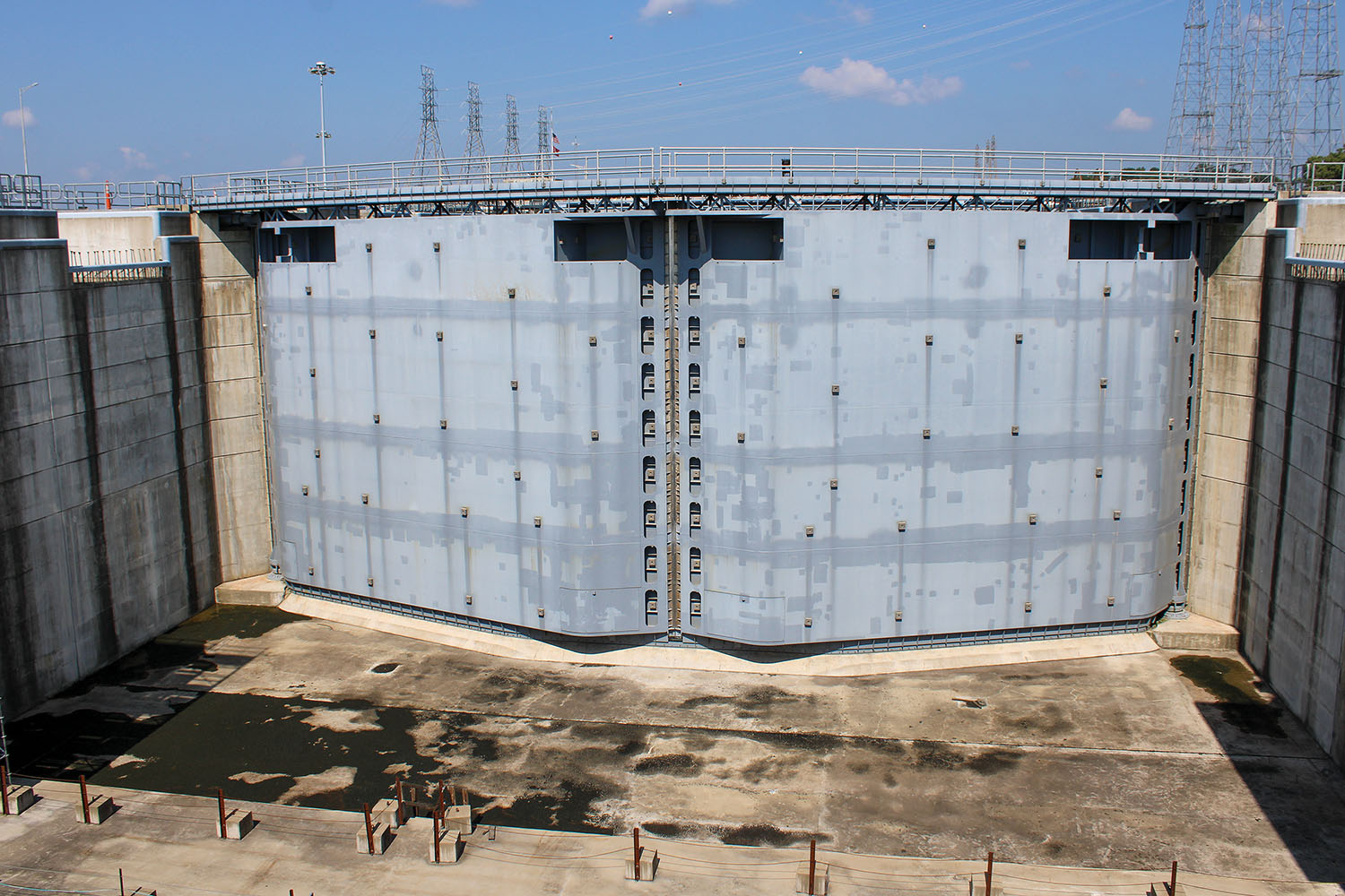 The upstream miter gates for the new lock chamber have already been built but are currently on dry land. (Photo by Shelley Byrne)