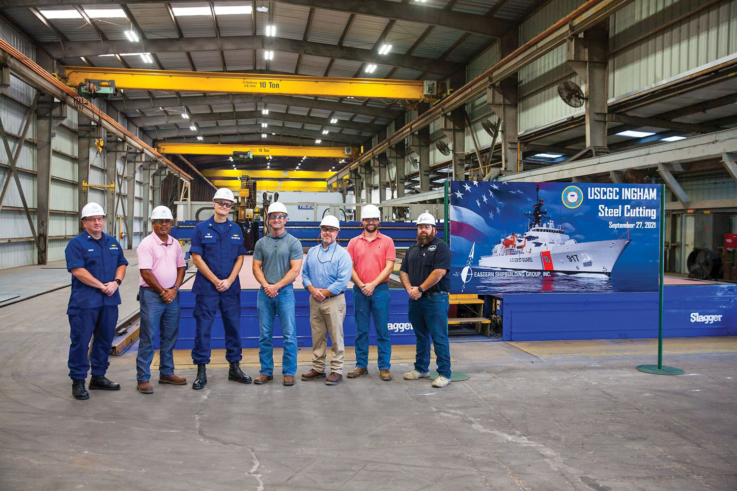 Leaders of the U.S. Coast Guard Project Resident Office and Eastern Shipbuilding Group mark commencement of construction of the USCGC Ingham September 27 in Panama City, Fla. (Photo courtesy of Eastern Shipbuilding Group)