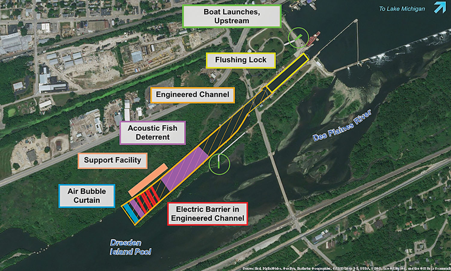 A map overlay shows the planned anti-carp measures at Brandon Road Lock and Dam on the Des Plaines River.