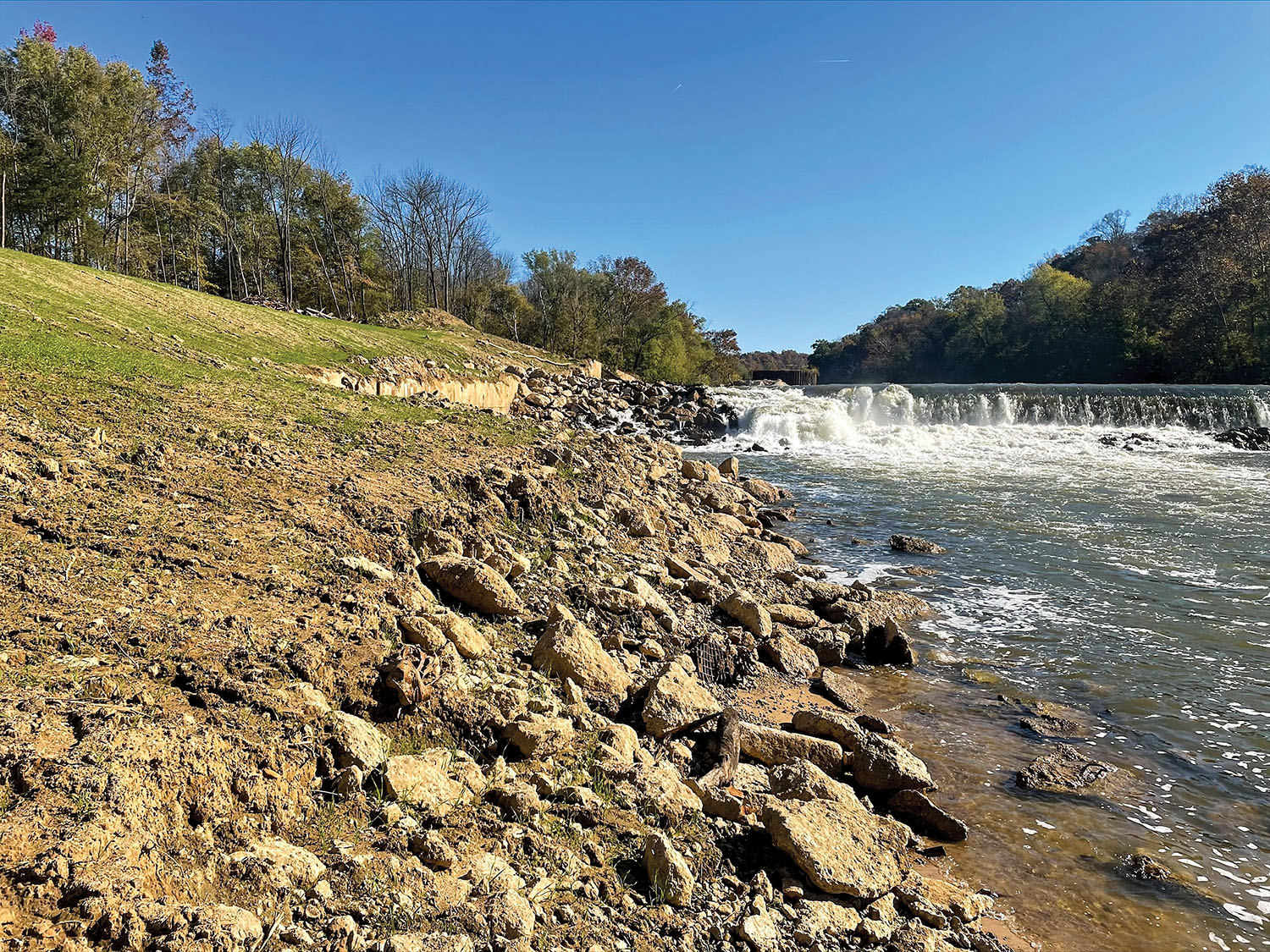 The lock chamber at Green River Lock and Dam 5 near Roundhill, Ky., has already been removed. The dam will be removed next summer. (Photo by Chris Wernick/Louisville Engineer District)