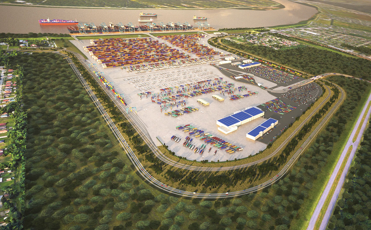 A conceptual rendering of the layout at the planned new facility of the Port of New Orleans in Violet, La. The land is acquired, but permitting still needs to be completed.