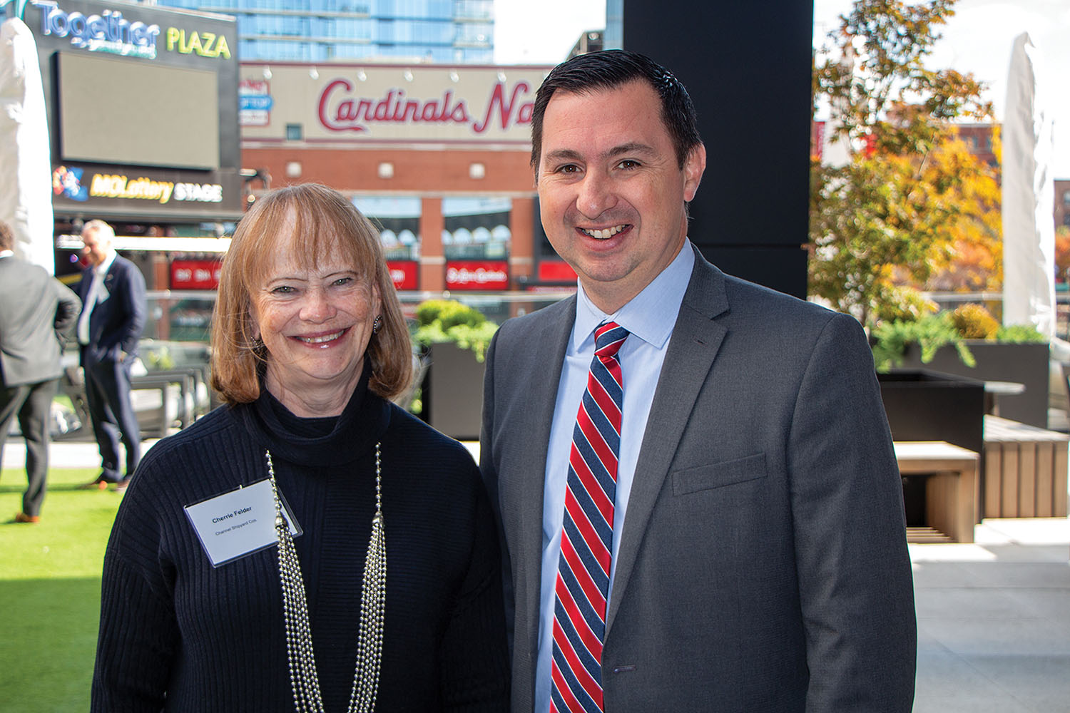 Cherie Felder, vice president of Channel Shipyards, with Nathan Gonzales, editor of the Inside Elections newsletter. Felder introduced Gonzales’ discussion during the Waterways Symposium. (Photo by Nelson Spencer Jr.)