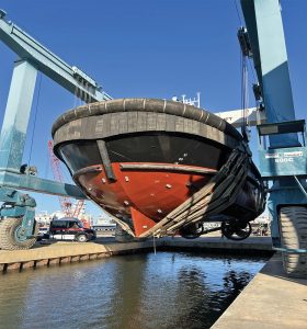 Seabulk hybrid tug Spartan being launched at Master Boat Builders’ Coden, Ala., Shipyard. (Photo courtesy of Master Boat Builders)