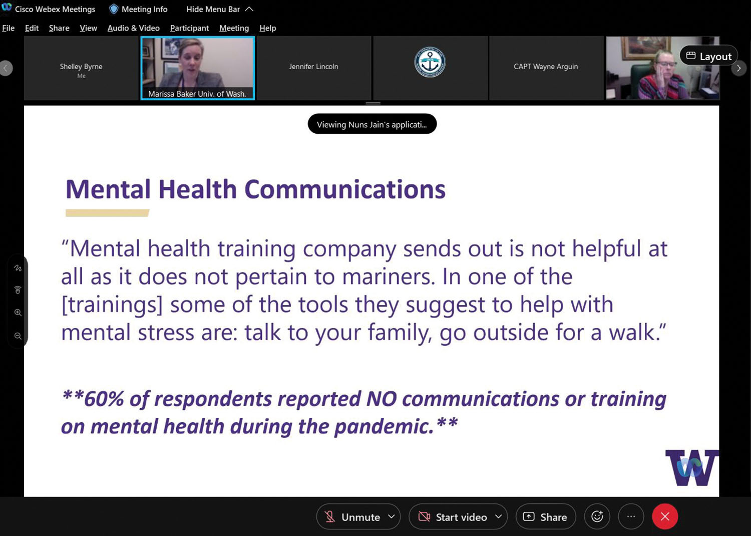 Dr. Marissa Baker of the University of Washington discusses the needs of better mental health communication to mariners as part of a webinar on the results of the study she led on mariner health during the COVID-19 pandemic.