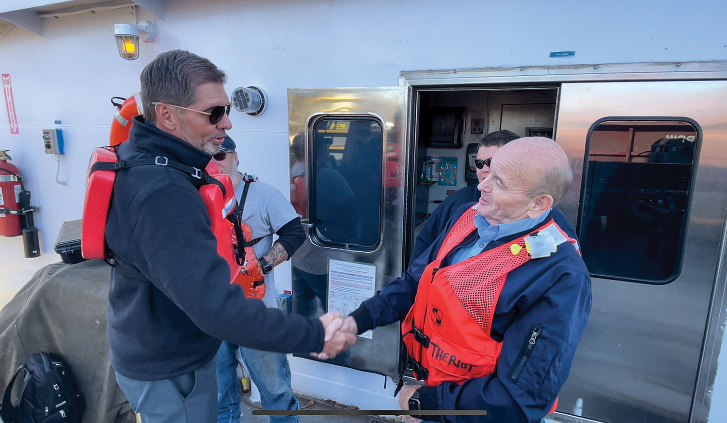 ACBL CEO Mike Ellis and Capt. Dallas Theriot on the mv. Noble C. Parsonage. (Photo courtesy of American Commercial Barge Line)