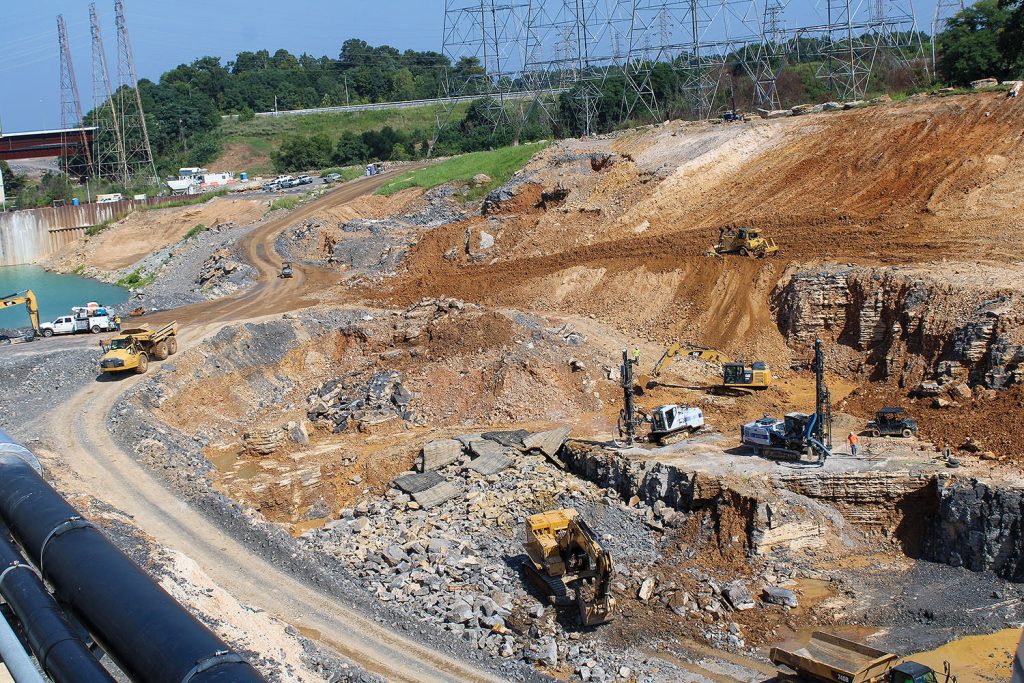 Excavation of the new lock chamber at Kentucky Lock, Tennessee River Mile 22.4, reached the halfway point this summer. The excavation is expected to be complete in mid-2022. (Photo by Shelley Byrne)