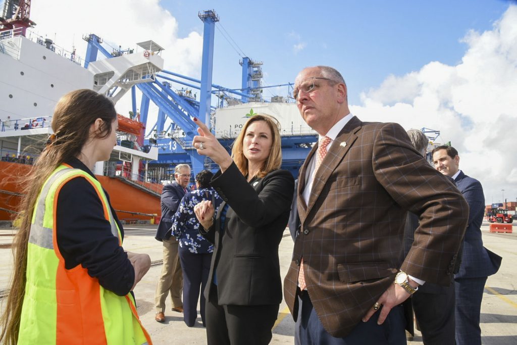 Governor John Bel Edwards and President and CEO of Port NOLA Brandy D. Christian in front of the new cranes as they made their arrival. (Photo courtesy of Port NOLA)