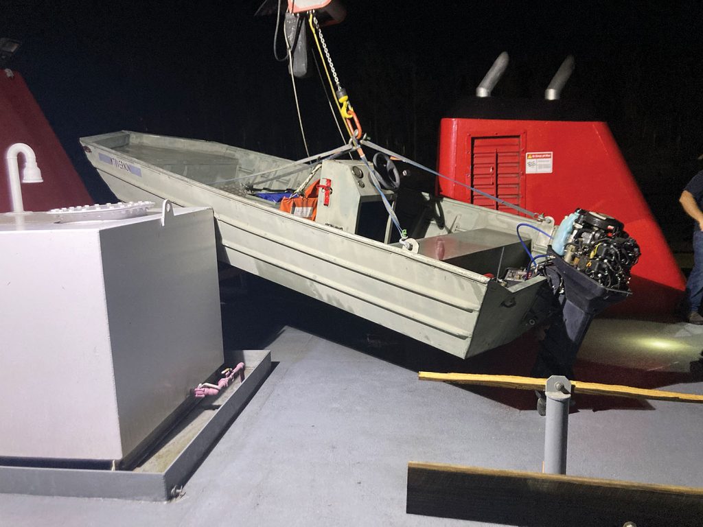 The storm tossed the yawl into the boat’s stacks. (Photo by Douglas Lewis)