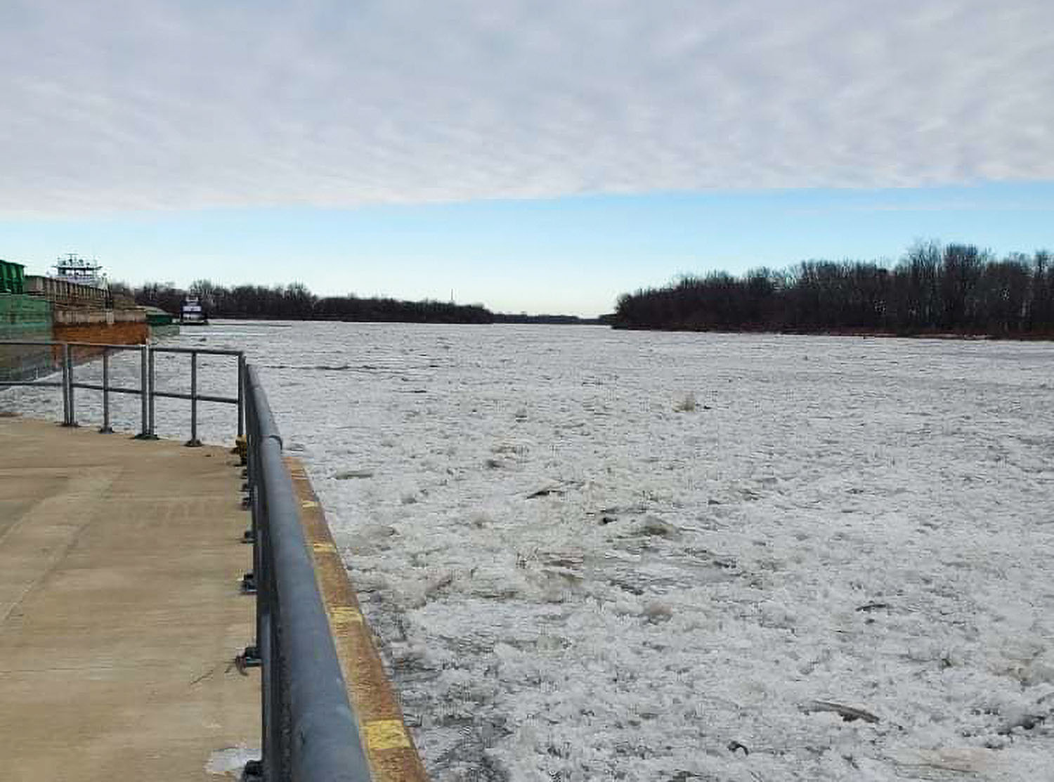 Ice extended bank to bank and several miles upstream of LaGrange Lock and Dam on January 9. (Photo courtesy of Rock Island Engineer District)