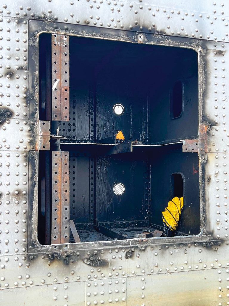 A close-up shows one of the miter gates at Kentucky Lock after a damaged area was removed during the first closure. (Photo courtesy of Nashville Engineer District)