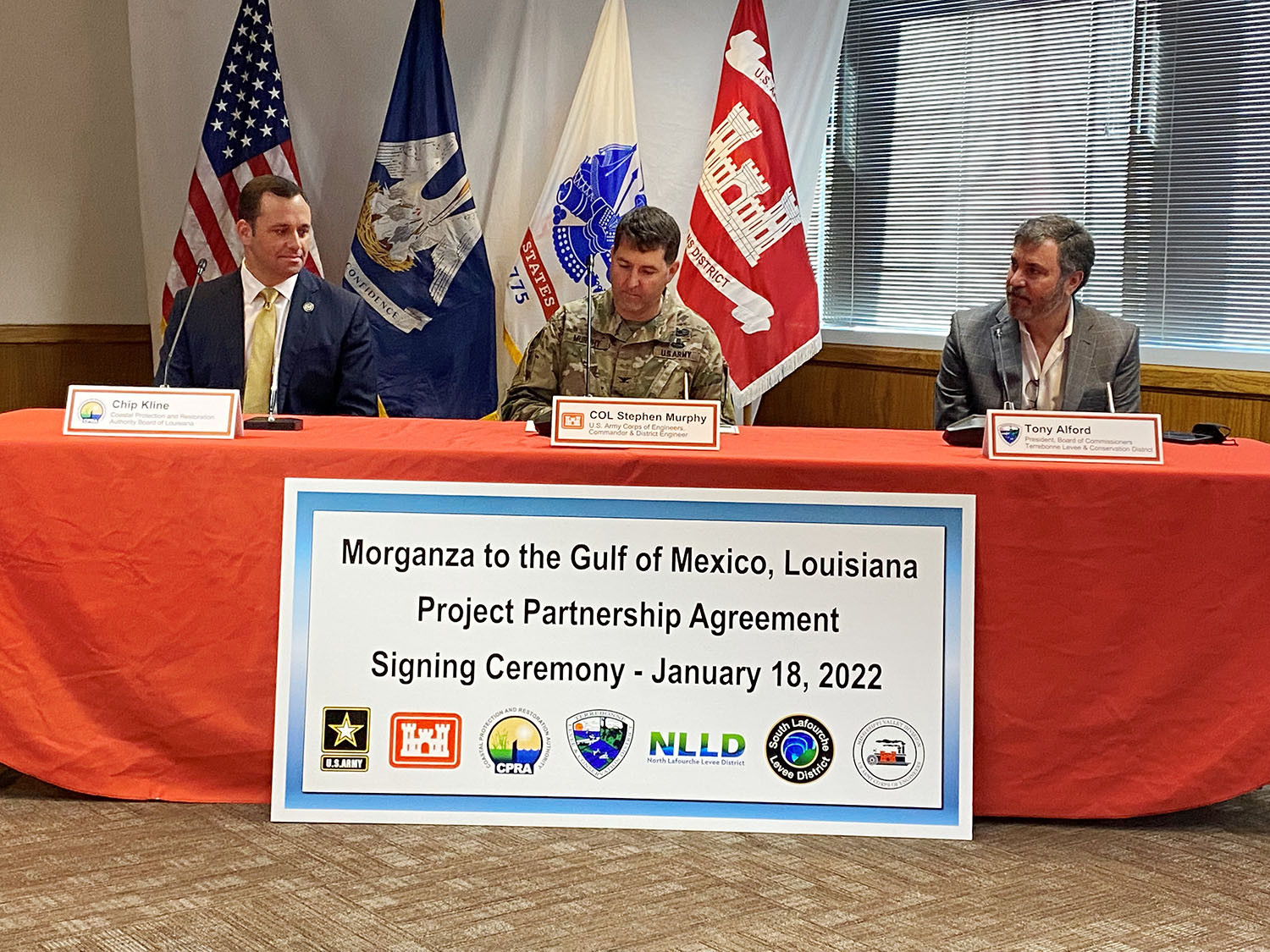 From left at the signing ceremony are Chip Kline, chairman of the Louisiana Coastal Protection & Restoration Authority; Col Stephen Murphy, New Orleans Engineer District commander; and Tony Alford, president of the Terrebonne Levee and & Conservation District board of commissioners.