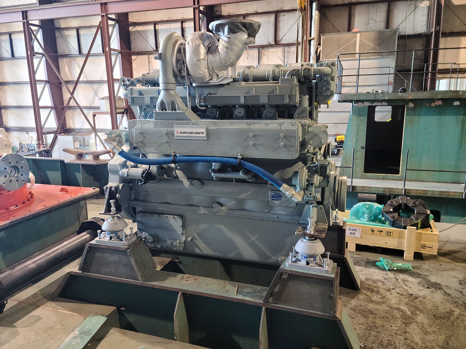 Awaiting installation at Kaskaskia Shipyard, this Mitsubishi S6R2 diesel engine from Laborde is one of two that will power the mv. Robert S. Wilkins. (Photo courtesy of Southern Illinois Transfer Company)