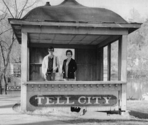 The writer and his mother in the salvaged pilothouse of the Tell City at Marietta, Ohio, in March 1977. (Keith Norrington collection)