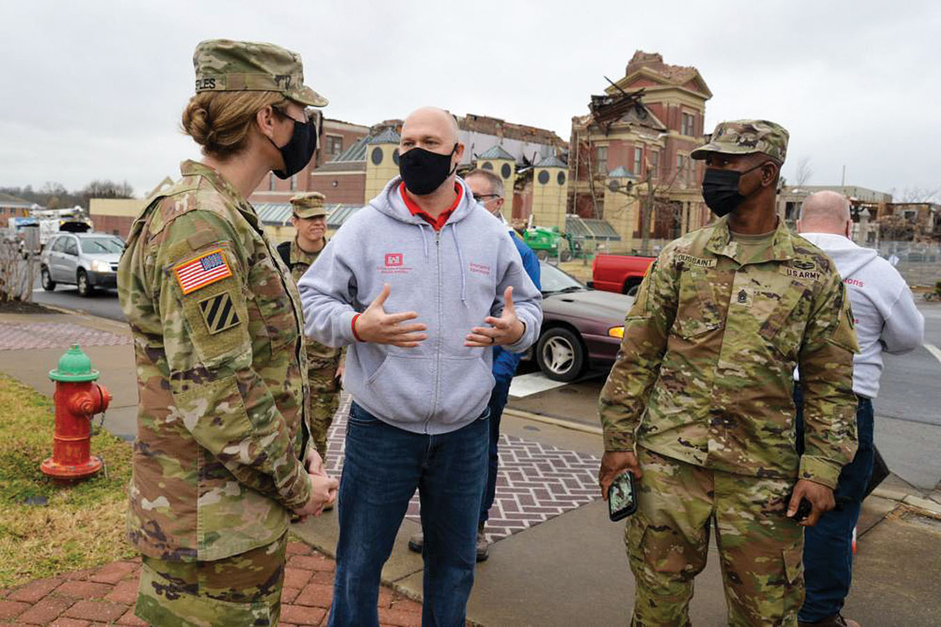 U.S. Army Corps of Engineers Great Lakes and Ohio River Division Commander Col. Kimberly Peeples visits affected areas in western Kentucky December 16, 2021, in support of the ongoing emergency response effort. (Photo by Katelyn Newton)