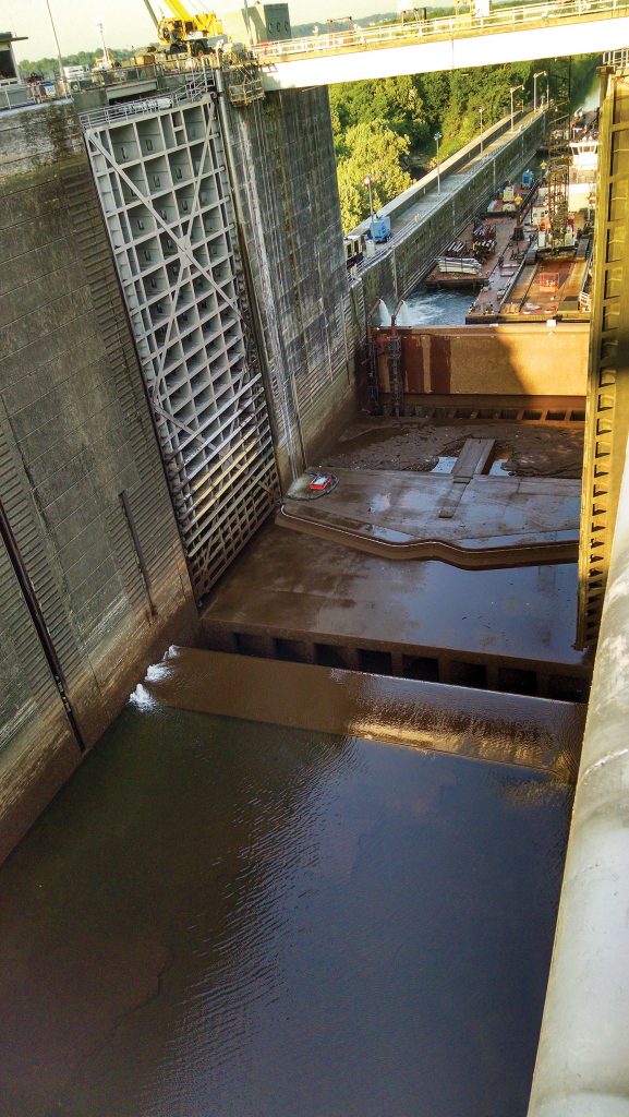 The main chamber of Wilson Lock and Dam on the Tennessee River will close February 23 for a major rehabilitation. Except for a six-day reopening, it will continue to April 29. This photo is from the last dewatering, in the summer of 2015. (Photo courtesy of Nashville Engineer District)