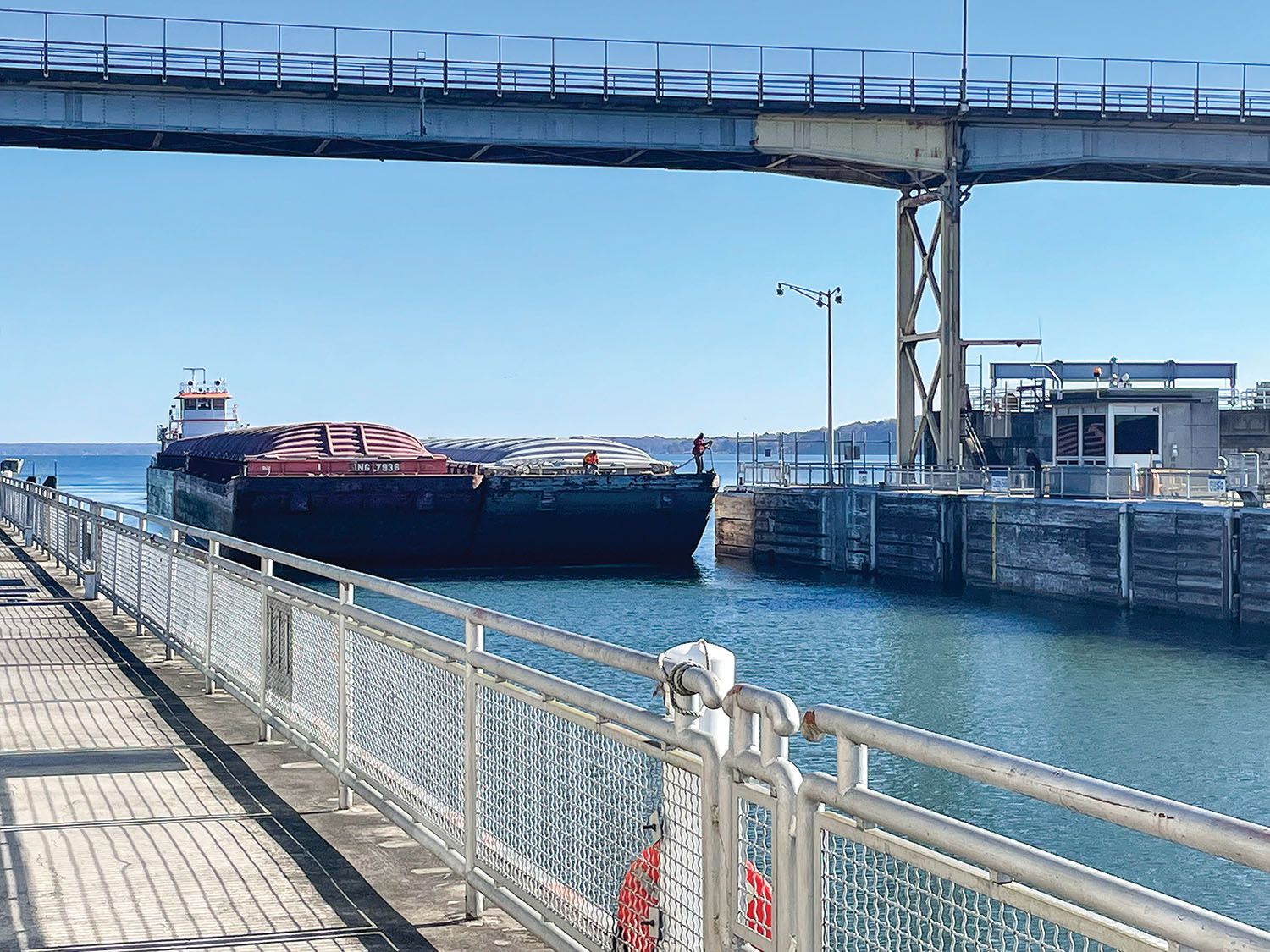 A tow approaches the main chamber at Wilson Lock and Dam in November 2021. (Photo courtesy of Nashville Engineer District)