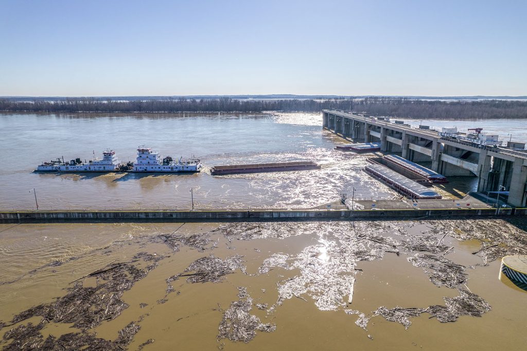 The H.E. Bowles and Darin Adrian work to remove barges from Newburgh Dam. (Photo by 270 Drone Aerial Imagery)