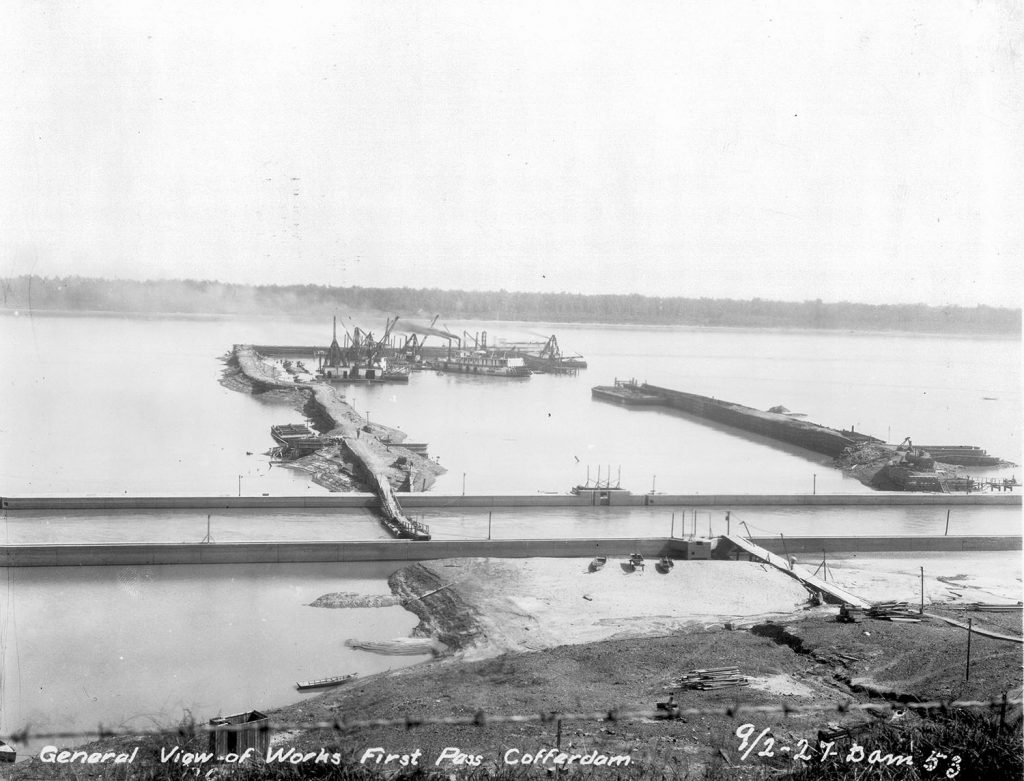 A September 2, 1927, photo shows a general view of the cofferdam being constructed for Lock and Dam 53. (Photo courtesy of Louisville Engineer District)