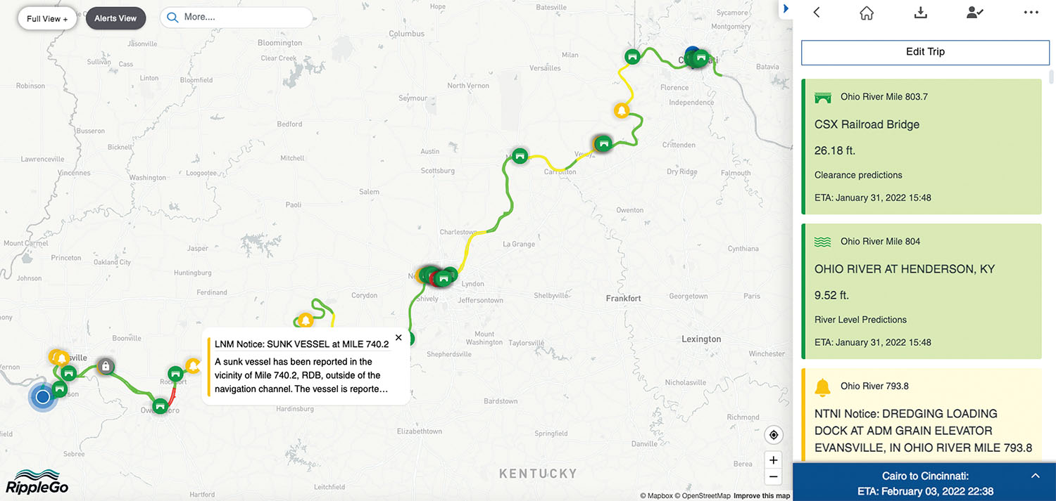 Screenshot from RippleGo shows how the software uses artificial intelligence and predictive analytics to help plan voyages, including automatic bridge clearance calculations and alerts on navigational and weather conditions. It also provides updates on estimated time of arrival to make scheduling more efficient. (Courtesy of RippleGo)