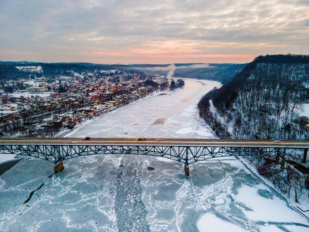 Ice forms on the Allegheny River beneath the Donald R. Lobaugh Bridge in Freeport, Pa., on January 26. (Photo by Michel Sauret/Pittsburgh Engineer District)