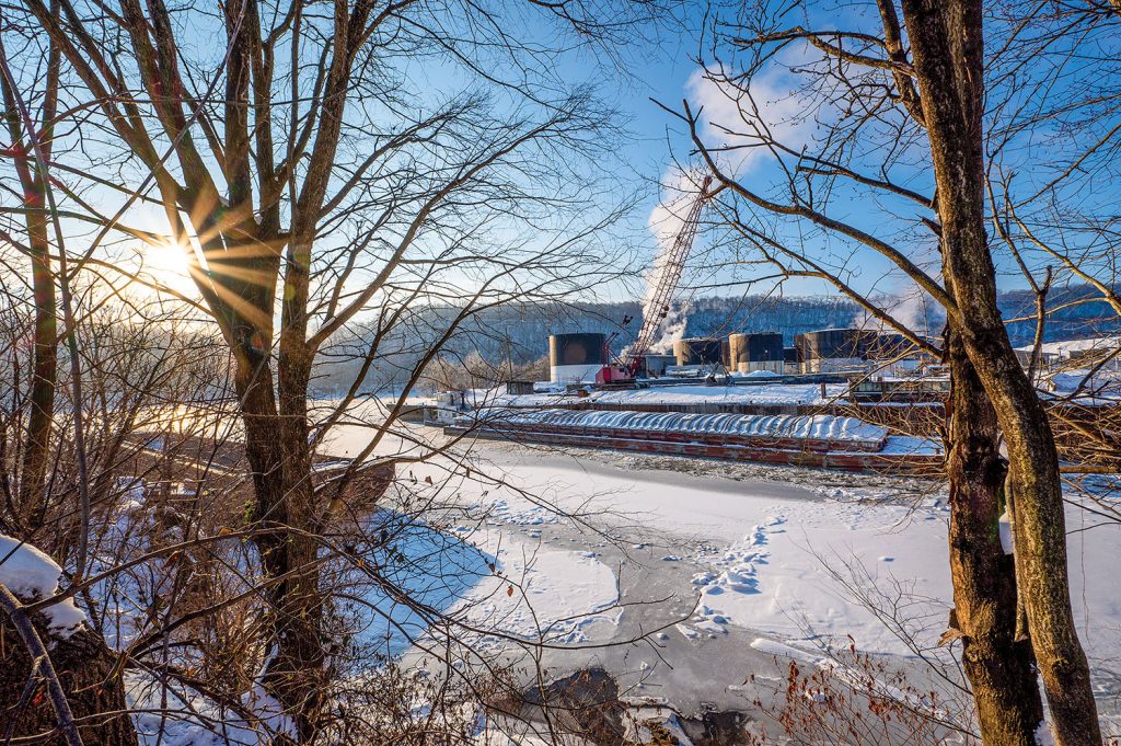 Barges are moored in icy water along the Allegheny River in Freeport, Pa., on January 26. Photo by Michel Sauret/Pittsburgh Engineer District)