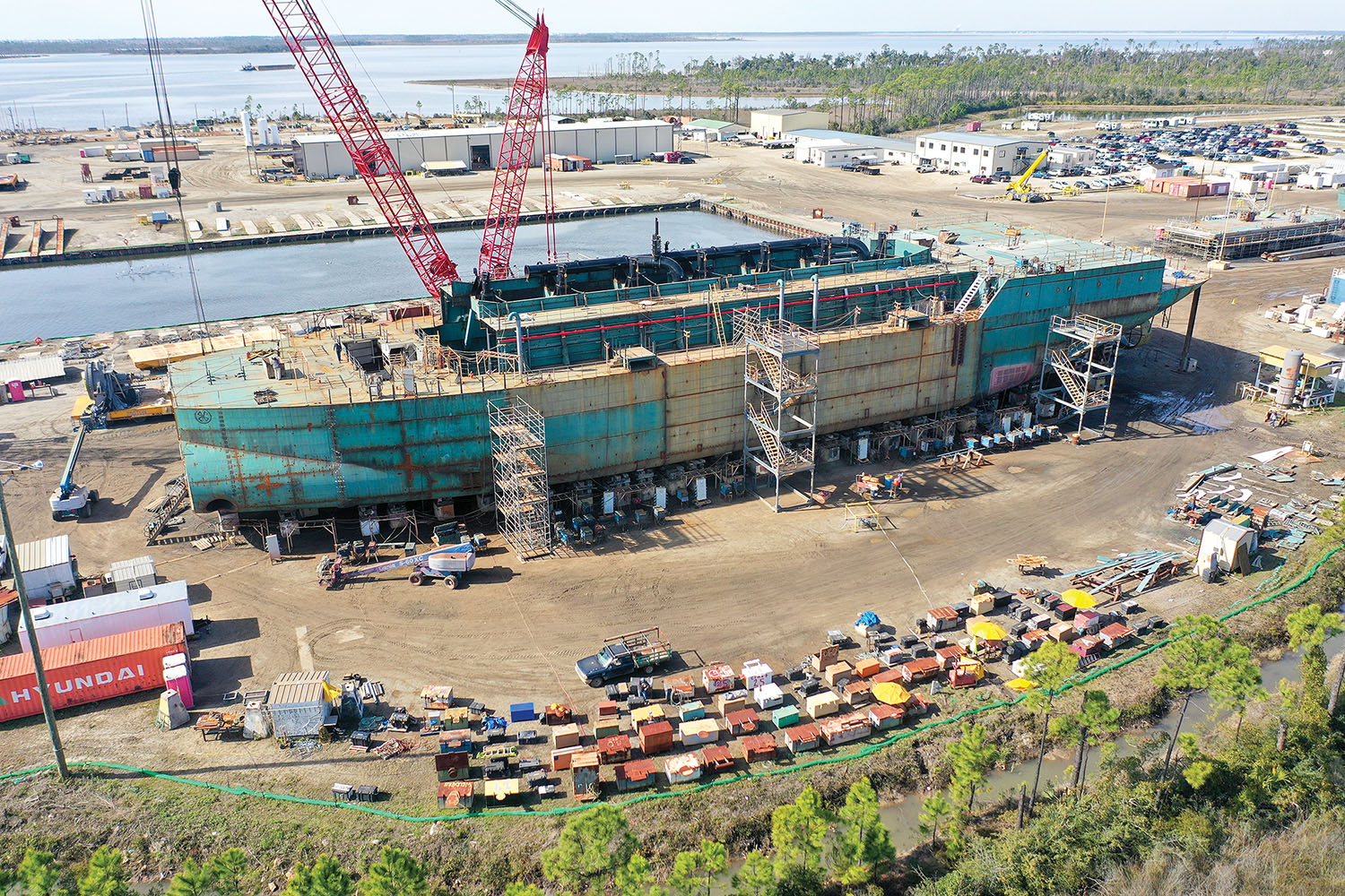Aerial view shows progress on the dredge R.B. Weeks at Eastern Shipbuilding. (Photo courtesy of Eastern Shipbuilding)