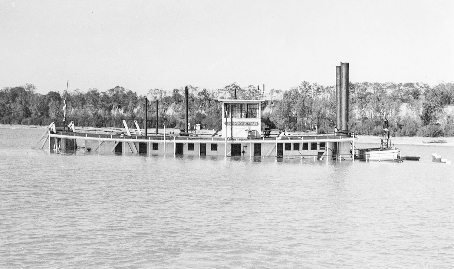 The J.J. McViccar is shown sunk in the Ohio River on an even keel. (Keith Norrington collection)