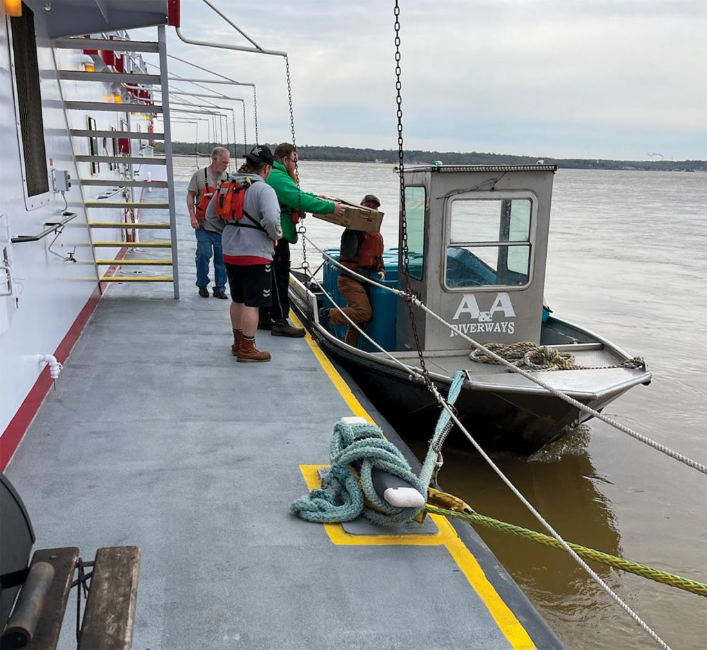 Andrew Neal delivers groceries to Marquette Transportation’s mv. Kay A. Eckstein on April 20. (Photo courtesy of A&A Riverways)