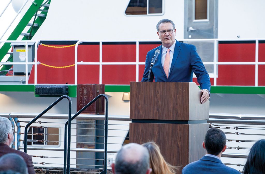 McDonough Marine President Pat Stant addresses christening audience. (Photo by Frank McCormack)