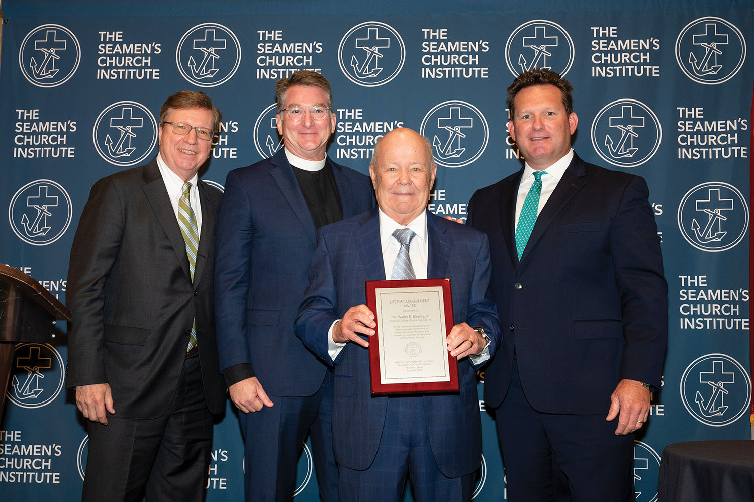 From left, Bruce Paulsen, SCI board chairman; Mark Nestlehutt, president of SCI; Blessey Marine Chairman Walter Blessey; Clark Todd, president and CEO of Blessey Marine. (Photo courtesy of Seamen's Church Institute)