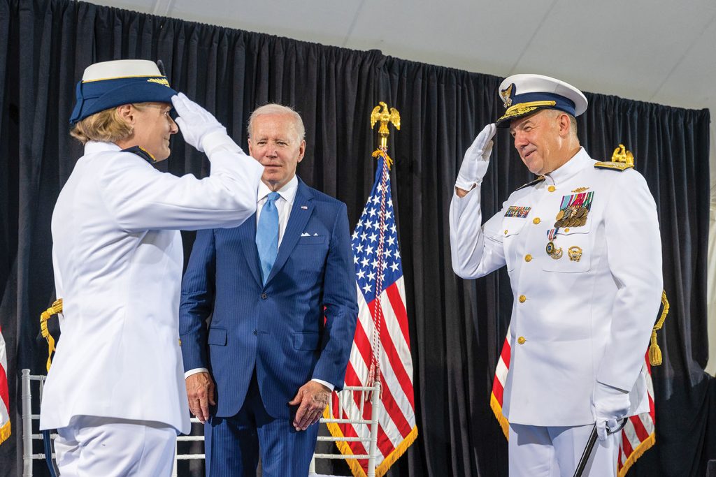 Adm. Linda Fagan relieves Adm. Karl Schultz as the 27th commandant of the Coast Guard during a change of command ceremony at Coast Guard headquarters June 1, while President Joe Biden looks on. Fagan is the first woman service chief of any U.S. military service. (U.S. Coast Guard photo by Petty Officer 1st Class Travis Magee)