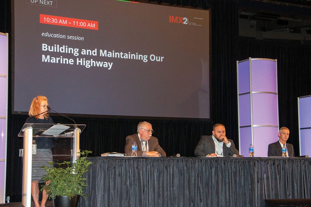 The IMX panel on Building and Maintaining Our Marine Highway included, from left: moderator Mary Lamie, executive director of St. Louis Regional Freightway and executive vice president of Multi-Modal Enterprises; Ed Weilbacher, general manager of the Kaskaskia Regional Port District; Mark Coulter, vice president and general counsel of Port KC; and Dennis Wilmsmeyer, executive director of America’s Central Port.  (Photo by John Shoulberg)