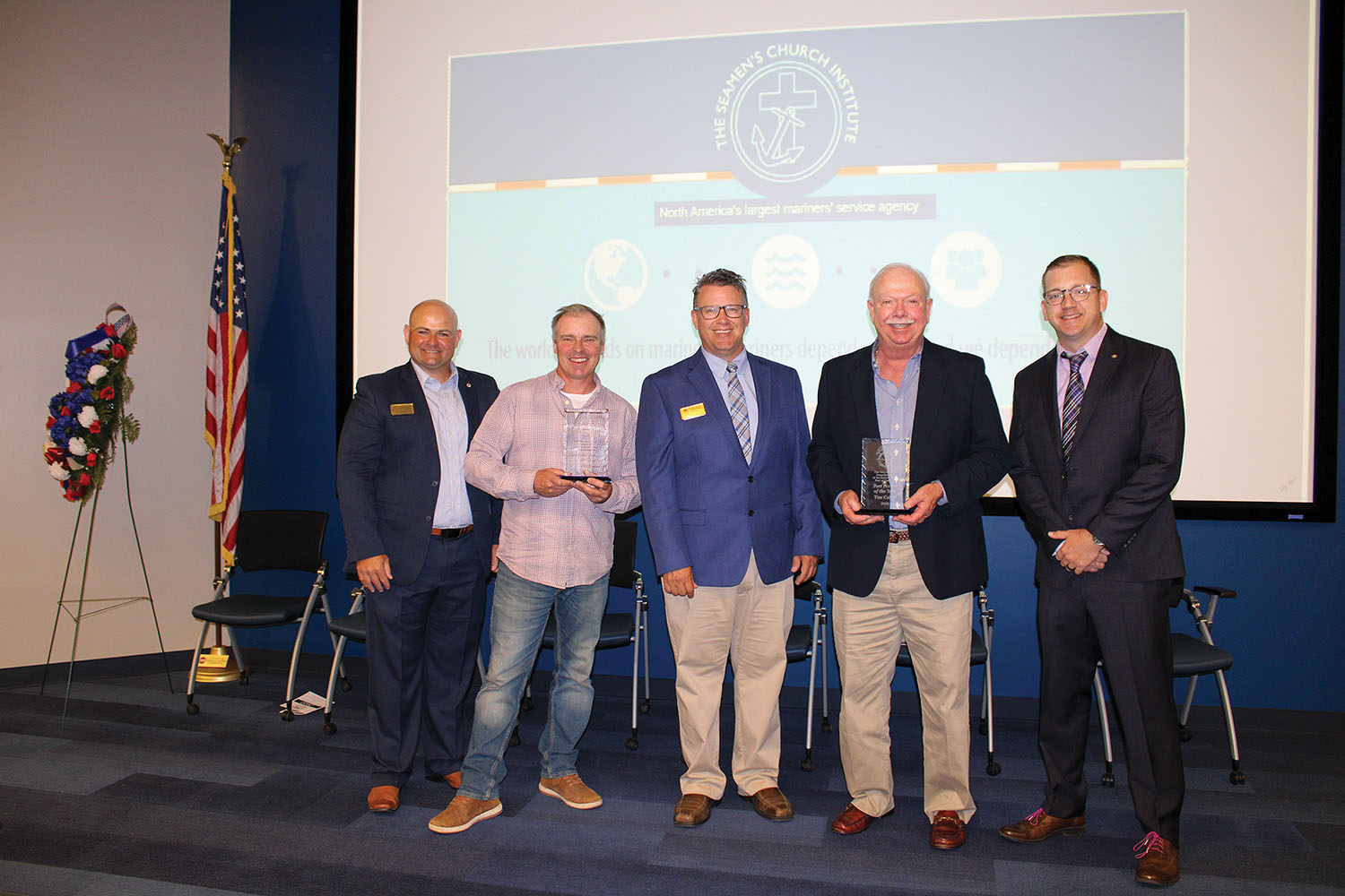 Left to right: Paducah Club Chairman Andrew Gates, Maritime Person of the Year Chad Pregracke of Living Lands & Waters, Club President Caleb King, Port Person of the Year Tim Cahill of the Paducah-McCracken County Riverport Authority and Club News Editor Mason DeJarnett. (Photo by Shelley Byrne)