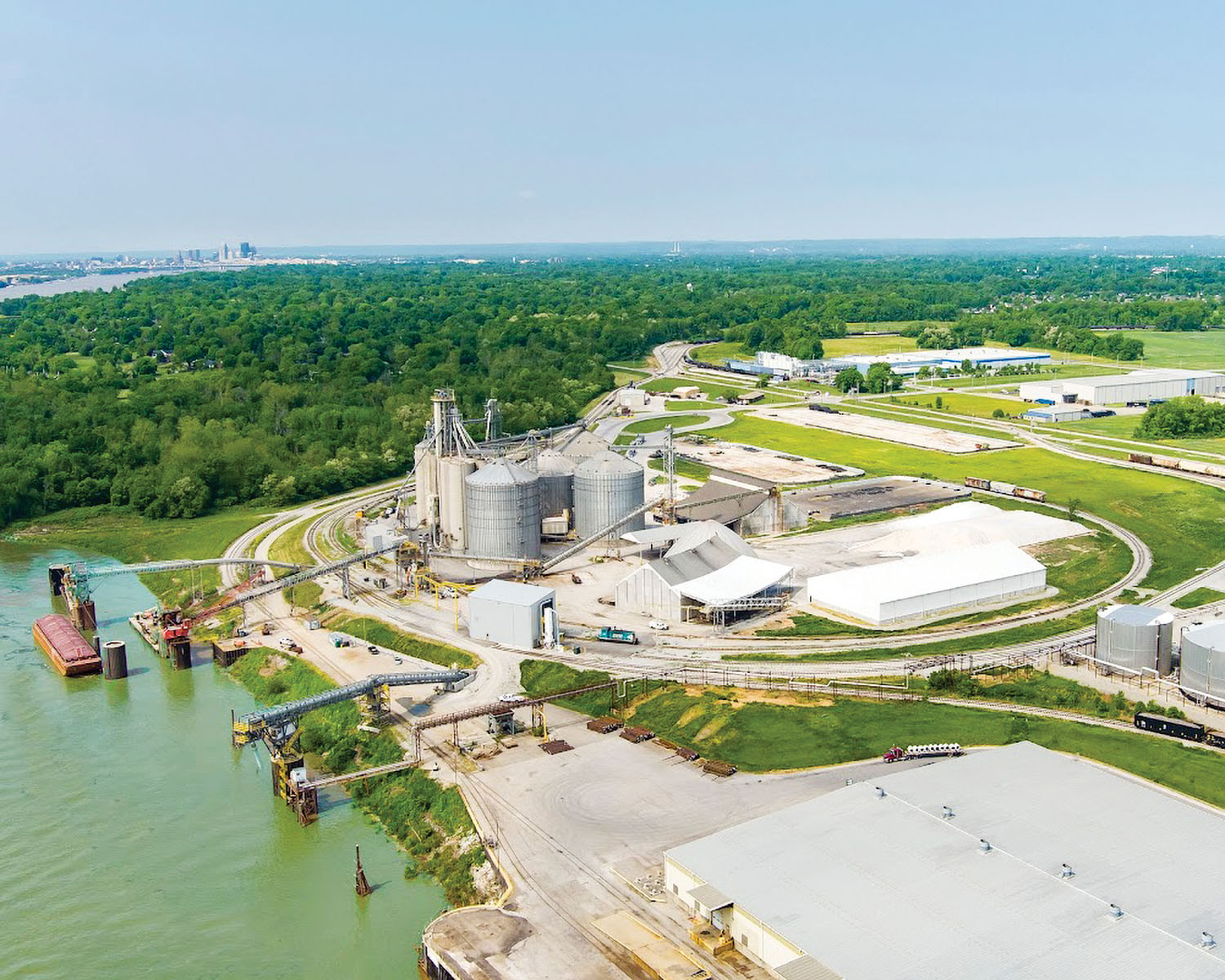 Four miles of new rail, a waterfront intermodal facility and a 3-acre transload facility are among $24 million in infrastructure improvements recently completed at the Ports of Indiana-Jeffersonville on the Ohio River. The project was made possible by a $10 million TIGER grant. (photo courtesy of the Ports of Indiana)