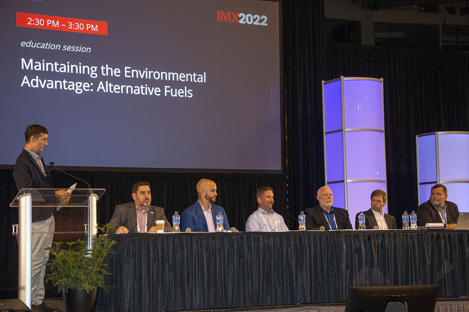 The IMX panel on alternative fuels, from left: Roy Bleiberg, ABS; Josh Sebastian, The Shearer Group Inc.; Mike Complita, Elliott Bay Design Group; Robert Schluter, E1 Marine; David Reynolds, PTL Marine; and Gary Sarrat Jr., Caterpillar Marine. (Photo by John Shoulberg)