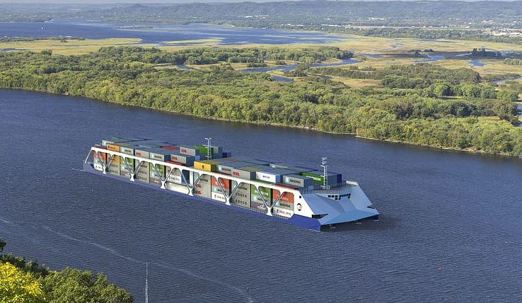 This is a rendering of the vessel American Patriot Holdings plans to use to transport containers on the inland waterways.