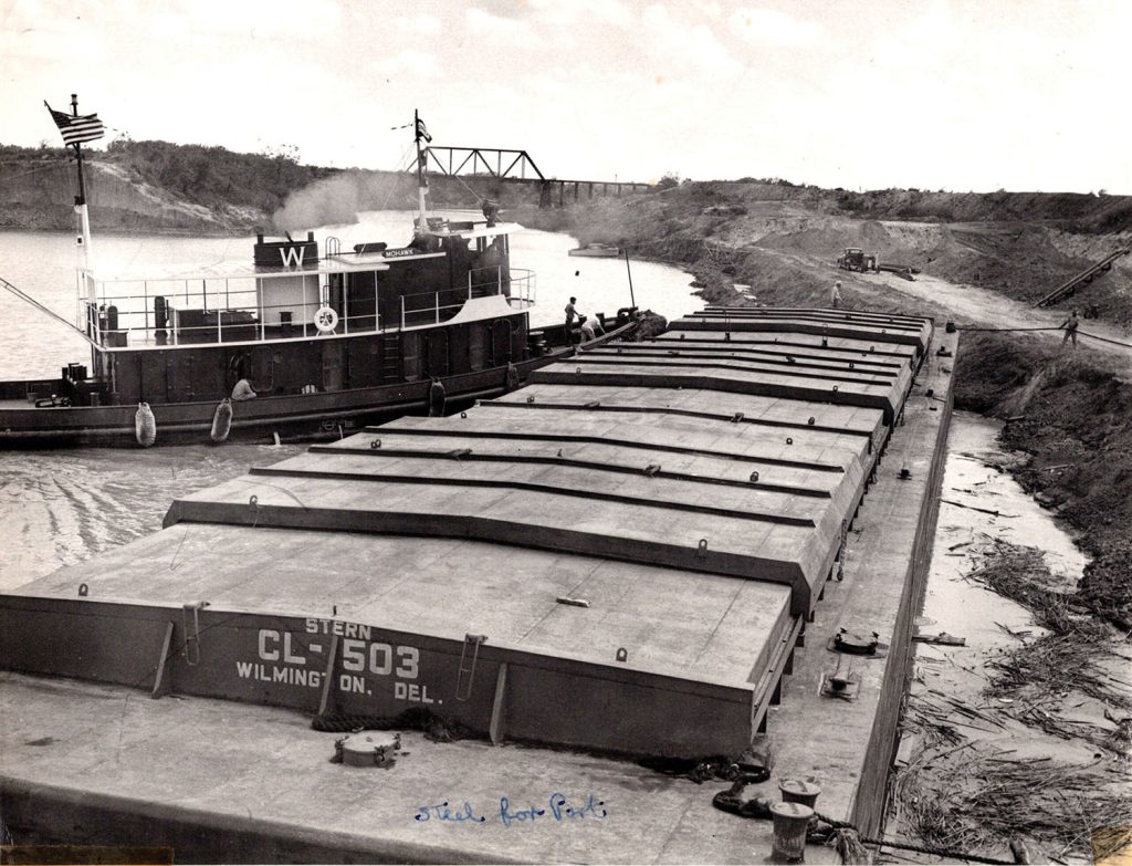 First barge, loaded with steel, arrives at port in 1951. (Photo courtesy of Port of Harlingen)