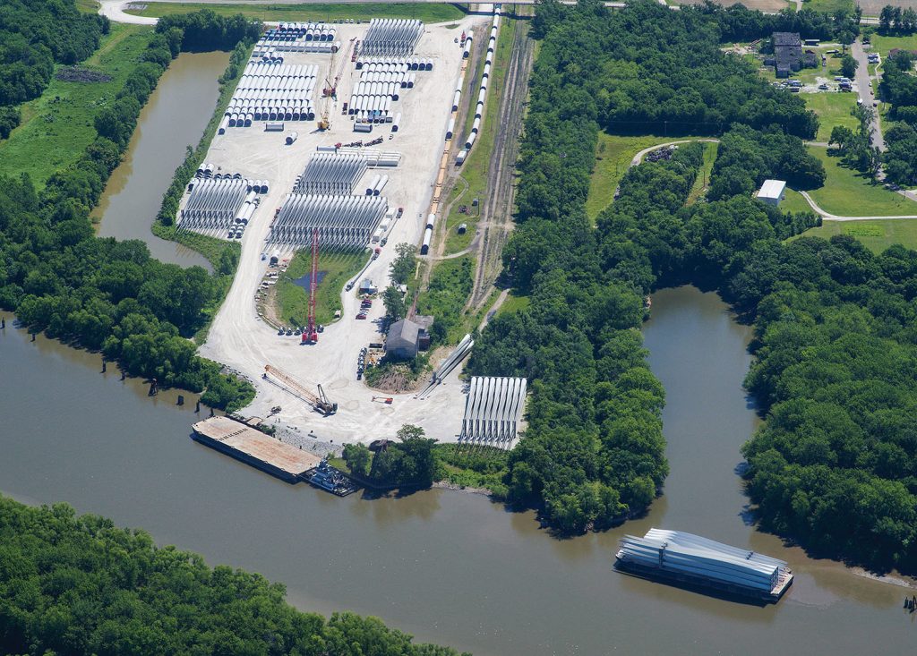 This aerial view shows wind turbine parts being moved into the 176-acre docking facility just north of the port of Havana, Ill. Located on the Illinois River, Havana is surrounded by the Heart of Illinois Regional Port District. (Photo by Bob Martin)