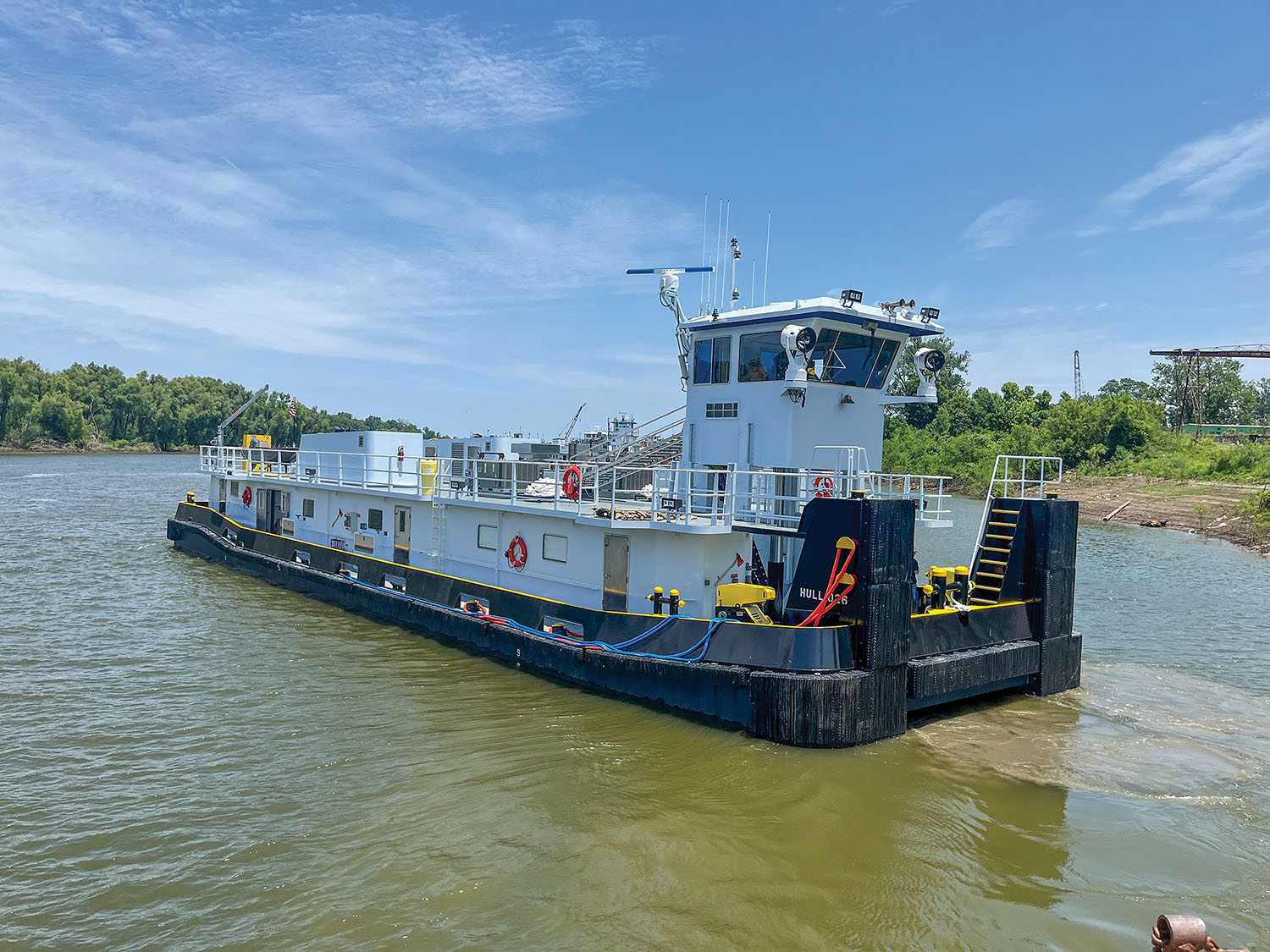 Nichols Boat Company of Greenville, Miss., recently completed its 26th towboat. The 3,400-hp. twin-screw towboat has a retractable pilothouse. (Photo courtesy of Nichols Boat Company)
