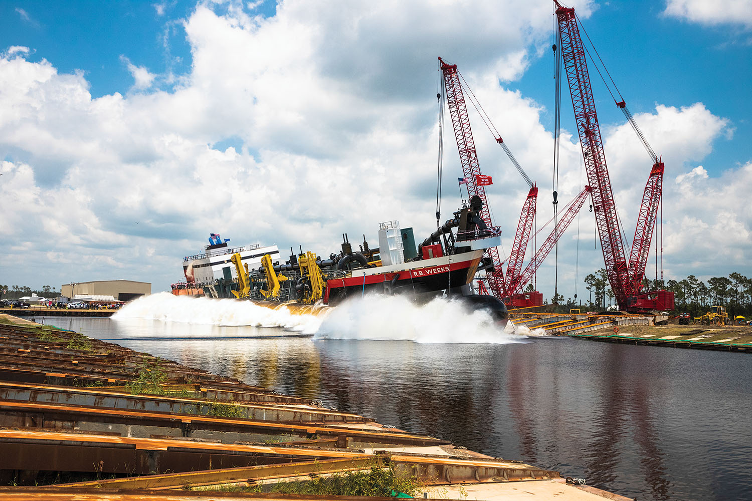 The trailing suction hopper dredge R.B. Weeks hits the water at Eastern Shipbuilding Group’s Allanton Shipyard. (Photo courtesy of Eastern Shipbuilding)