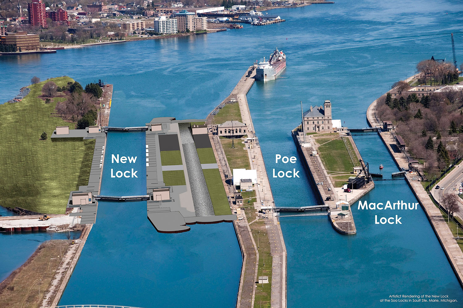 Artistic rendering depicts how the Soo Locks will look once the New Lock at the Soo is complete in Sault Ste. Marie, Mich. (Courtesy of Detroit Engineer District)