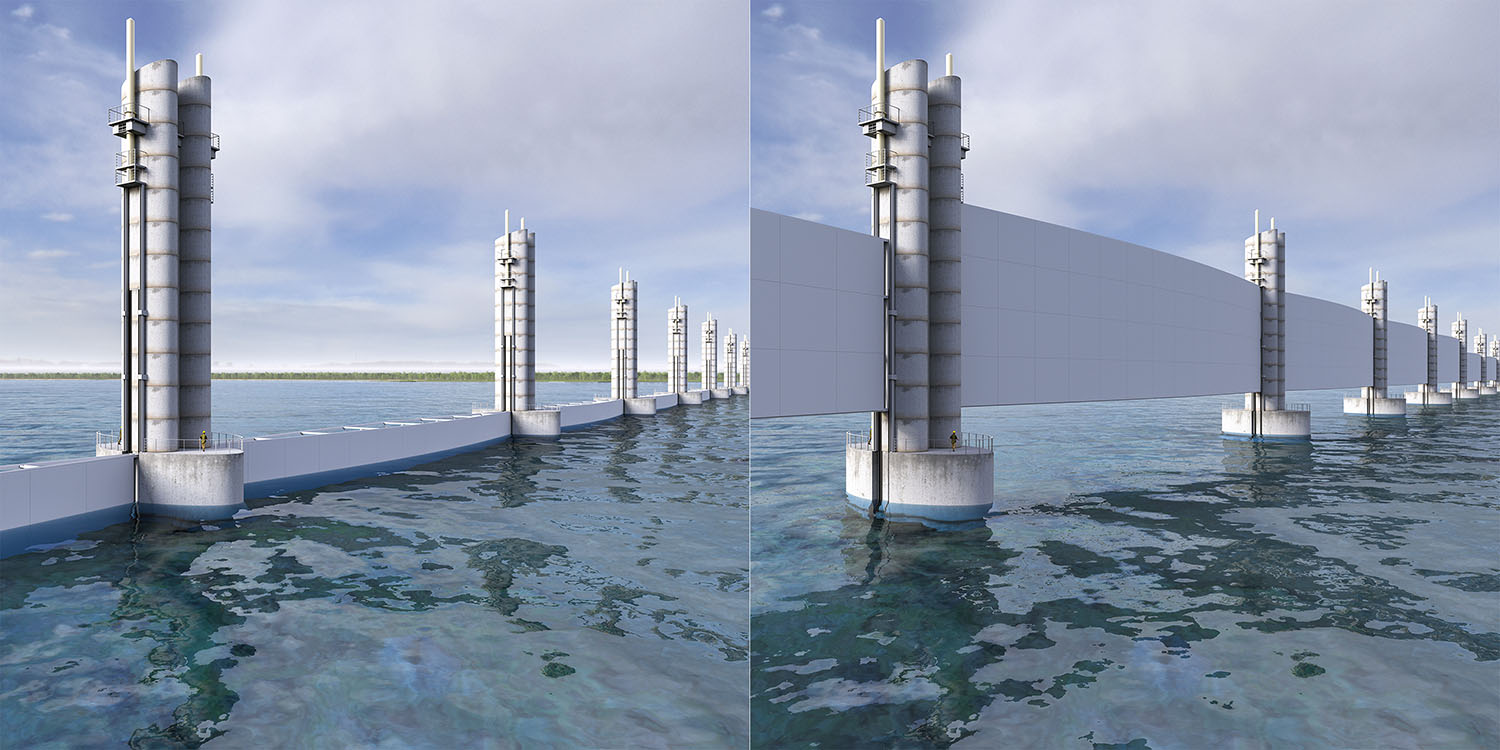 Renderings of Tier I structures included in the Coastal Texas Study, with vertical lift gates closed, left, and open, right. (Courtesy of Texas General Land Office)
