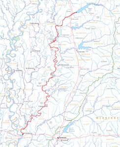 Red line on map shows the route the bottle took down the Yazoo River.